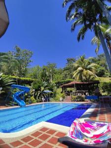 a swimming pool with a slide and palm trees at Finca privada Monte sol para 15 personas in La Pintada