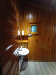 een badkamer met een wastafel en een houten muur bij Chalet's lake_Bolu Abant _log house in Piroğlu