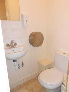 La salle de bains est pourvue de toilettes et d'un lavabo. dans l'établissement 24/7 London Hostel, à Londres
