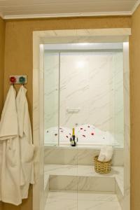 カンポス・ド・ジョルドンにあるPousada Kaliman Premiumのバスルーム(ガラスドア付きのシャワー付)