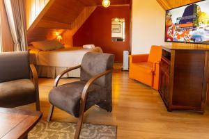 カンポス・ド・ジョルドンにあるPousada Kaliman Premiumのベッドとテレビが備わるホテルルームです。