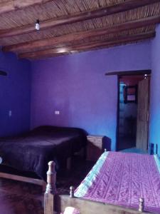 1 dormitorio con 2 camas y pared púrpura en Loma Tika - Tilcara Hostel en Tilcara