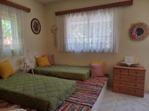 a bedroom with two beds and a dresser and windows at Maria's garden house in Archangelos
