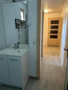 een badkamer met een wastafel en een hal met een deur bij Longère sur Loire 