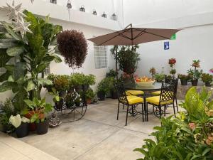 une terrasse avec une table, des chaises et des plantes en pot dans l'établissement El Rincon de Los Angeles, à Colima