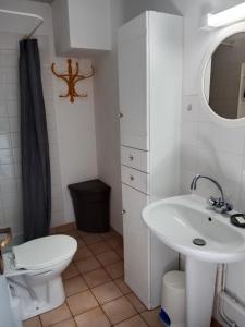 uma casa de banho branca com um lavatório e um WC em Les Hortensias em Challans