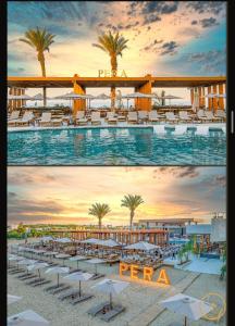 two pictures of a resort with a pool with tables and chairs at Grand Sapphire Resort 1+1 İskele in Iskele