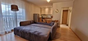 sala de estar con sofá y cocina en Сozy Apartment In Great Location, en Riga