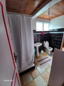 La salle de bains est pourvue d'une douche, de toilettes et d'un lavabo. dans l'établissement Le petit coin tranquille, à La Trinité