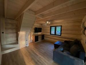 a living room with a blue couch in a cabin at Leśne Klimaty in Smolniki