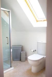 uma casa de banho branca com um WC e um chuveiro em Doeling Barcombe em Isfield