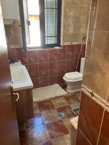 łazienka z toaletą, umywalką i oknem w obiekcie Stan apartman Nikola w Budvie