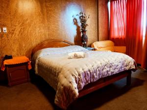 1 dormitorio con cama y cortina roja en HOTEL MIRADOR DE LOS ANDES en La Paz