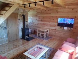 a living room with a stove in a log cabin at Brown cabin in Žabljak