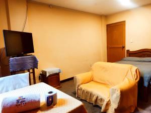 Habitación con cama, silla y TV. en HOTEL MIRADOR DE LOS ANDES, en La Paz