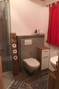 La petite salle de bains est pourvue d'une douche et de toilettes. dans l'établissement Wie Zuhause, à Warngau