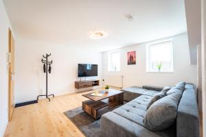 sala de estar con sofá y TV en Gemütliches Apartment, en Magdeburgo