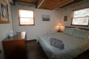a bedroom with a bed and a dresser and two windows at Snow Otter Haus in Bessemer