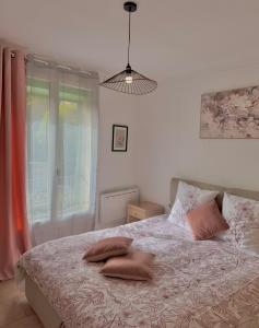 een slaapkamer met een bed met 2 kussens erop bij Écrin de nature , centre-ville et campagne, appart 2 chambres, grand jardin, en Provence verte in Brignoles