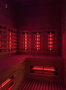 Chalet le Faye في وايمس: غرفة بها ساونا مع أضواء حمراء