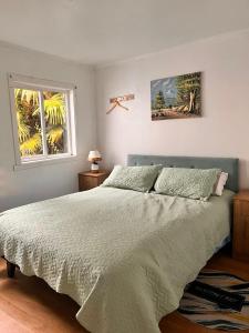 1 dormitorio con 1 cama grande y 2 ventanas en the house of flowers en Osorno