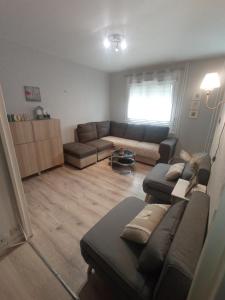 a living room with a couch and a table at Studio cosy à 10 minutes du centre-ville. in Saint-Étienne