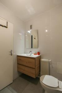 La salle de bains est pourvue d'un lavabo, de toilettes et d'un miroir. dans l'établissement 32 m love nest studio with balcony, à Paris