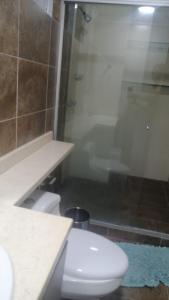 W łazience znajduje się toaleta i przeszklony prysznic. w obiekcie habitacion amoblada con baño w mieście Bucaramanga