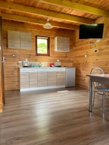 a kitchen with wooden walls and a table and a television at Domki Za Górą in Jazowsko