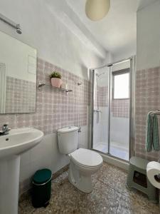 een badkamer met een toilet, een wastafel en een douche bij Vitalba Apartments in Lanjarón
