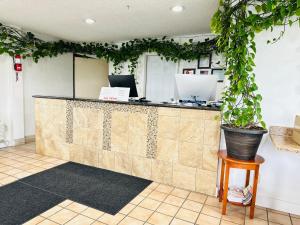 a lobby with a counter with a potted plant at Northwoods Motel in Blaine