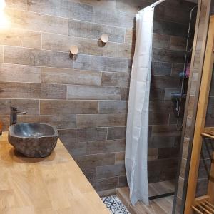 a bathroom with a stone sink and a shower at La Buguoise in Le Bugue