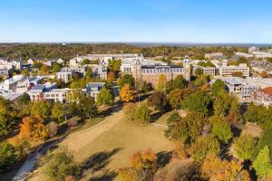 an aerial view of a city with buildings at Apt on Town Square - Ultimate DT Fay Location in Fayetteville