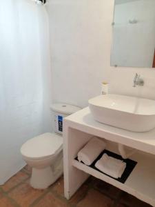 Baño blanco con lavabo y aseo en Casa de las Palmas, en Honda