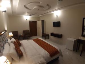 a bedroom with a large bed and a flat screen tv at Hotel Executive Lodges in Bahawalpur