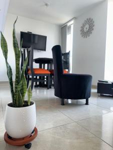 una sala de estar con una silla y una planta en una olla en Cómodo y Completo Apartamento, Excelente Ubicación, Cerca Expofuturo, Estadio, Ukumari - Incluye Parqueadero - Pereira en Pereira