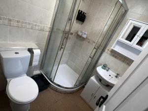 ein Bad mit einer Dusche, einem WC und einem Waschbecken in der Unterkunft Robin’s Hollow: 2BD Home Near Wrexham AFC in Wrexham