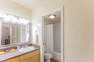een badkamer met een wastafel, een toilet en een spiegel bij Affordable Memphis Apartment Near Top Restaurants in Memphis