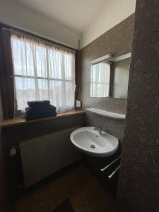 a bathroom with a sink and a window at CASA RUSTICA Bodensee Ferienwohnungen in Stetten