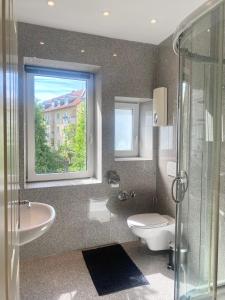 baño con aseo y lavabo y ventana en neue,zentrale Wohnung in Bamberg mit kostenfreien Parkplätzen in Nähe, en Bamberg