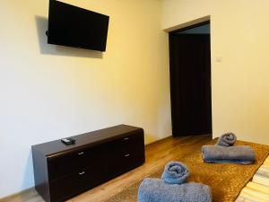 a living room with a tv and two towels at Nad Grajcarkiem - Pensjonat in Szczawnica