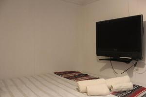 a bedroom with a bed with a flat screen tv on the wall at Encántate, Cabina Estudio. in Ñilque