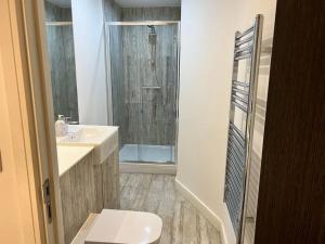 a bathroom with a toilet and a sink and a shower at Lovely 2 bedroom Apartment in Central Manchester in Manchester