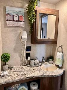 a bathroom counter with a sink and a mirror at RV Paradise on the Wheels at Clearwater Beaches in Largo