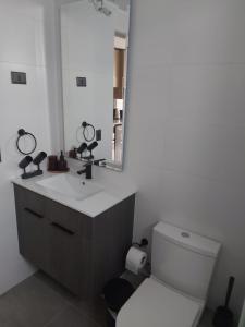 a bathroom with a sink and a toilet and a mirror at Hermoso departamento nuevo en el corazón de Independencia in Santiago