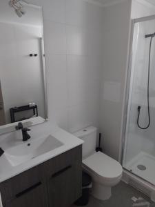 a bathroom with a toilet and a sink and a shower at Hermoso departamento nuevo en el corazón de Independencia in Santiago