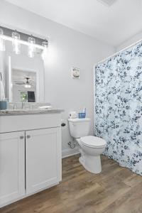 a bathroom with a toilet and a shower curtain at Crafty on Hoyt- Renovated Craftsman 15 mins from Downtown in Chattanooga
