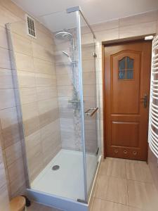 a shower with a glass door in a bathroom at u Faronow in Muszyna
