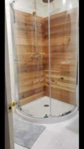 a shower with a glass door in a bathroom at Columbus First Tiny House Amenities & Charm in Columbus