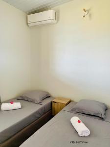 Duas camas individuais num quarto com aquecedor em Villa Bèl Ti Vue Piscine Vue Mer et Montagne Pelée em Le Carbet